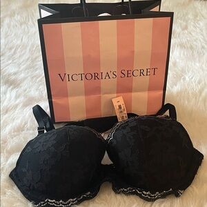 Victoria's Secret Black Floral Lace Silver Trim Dream Angel 34C